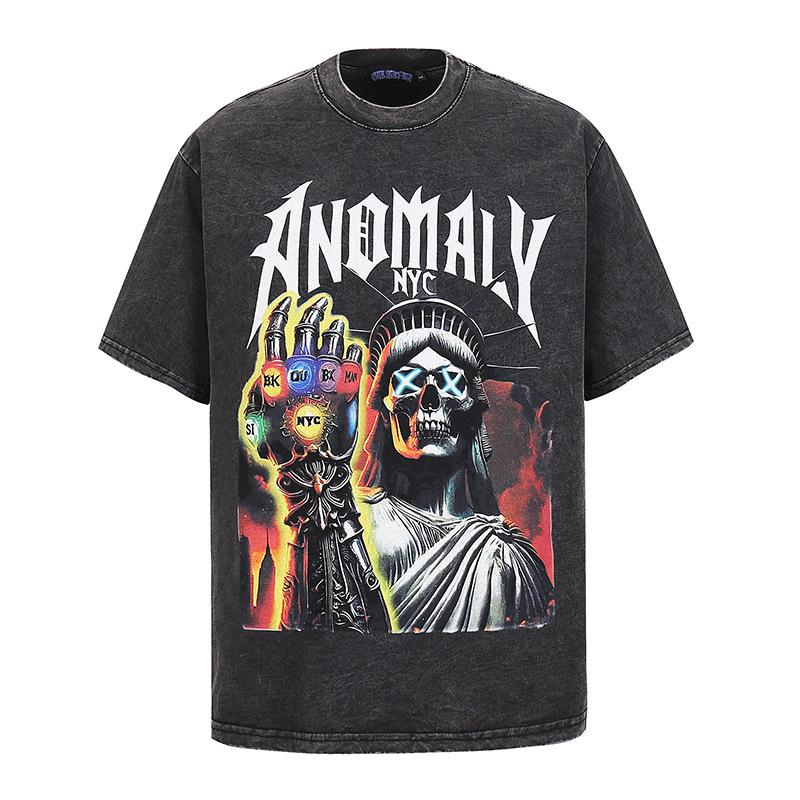 American Heavy Cotton Skull Print T-Shirt Vintage High Street Retro Washed T-Shirt Loose Short Sleeve Men