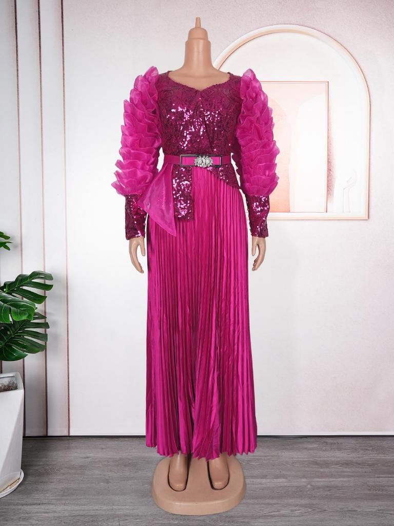 Plus Size High-Waisted Evening Gown with Rhinestones, Beads, and Sequins - New African Style