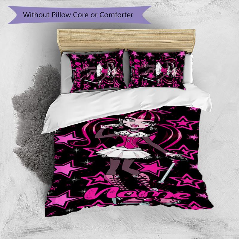 3pcs Custom Name Cartoon Monster High Bedding Set Duvet Cover Closure Includes 1 Duvet Cover & 2 Pillowcases for All Seasons Bedroom Decor