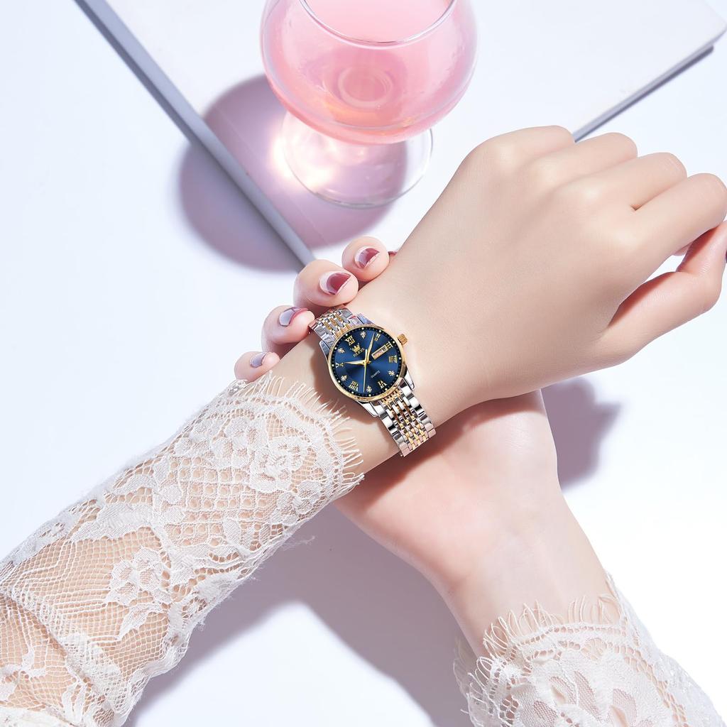 OLEVS Stylish Business Luminous Analog Watch with Blue Analog Quartz Date Day of the Week Stainless Steel and Blue A Stylish and Lightweight A Great