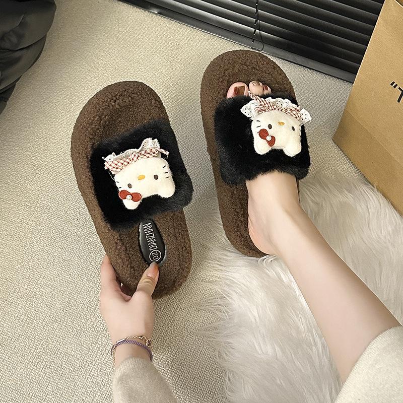 Fleece Warm Fluffy Slippers One-word Drag Internet Celebrity Fashion Cartoon Hello Kitty Cotton Slippers Women's 2025 Autumn and Winter New