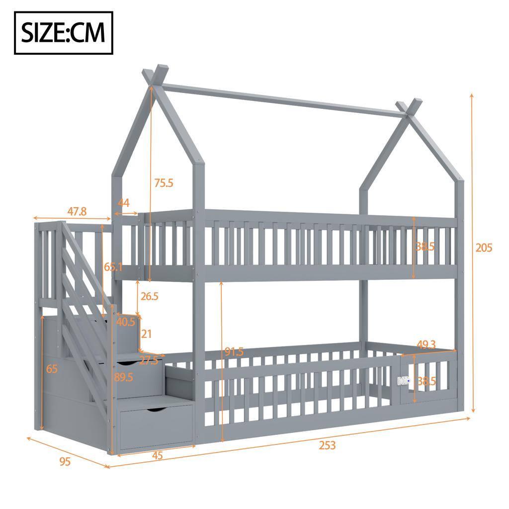 90x200 Children's Bunk Bed Solid Wood Bed with Roof, Safety Stairs and Storage Drawers, Storage Children's Bed Single Bed Gray