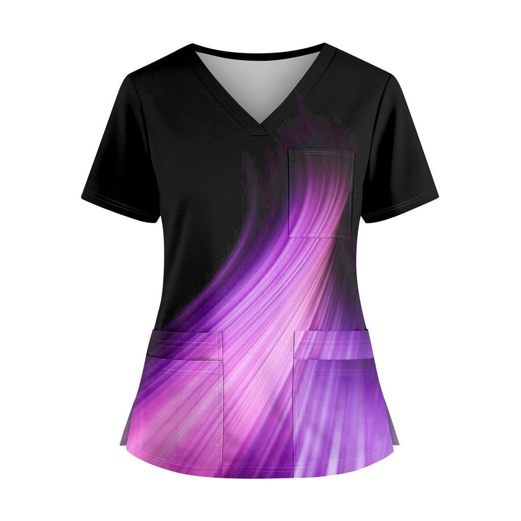 Plus SizePrinted Scrub Working Uniform Tops For Women's Cross V-Neck Halloween Print Short Sleeve Fun T-Shirts Workwear Tee With Pockets