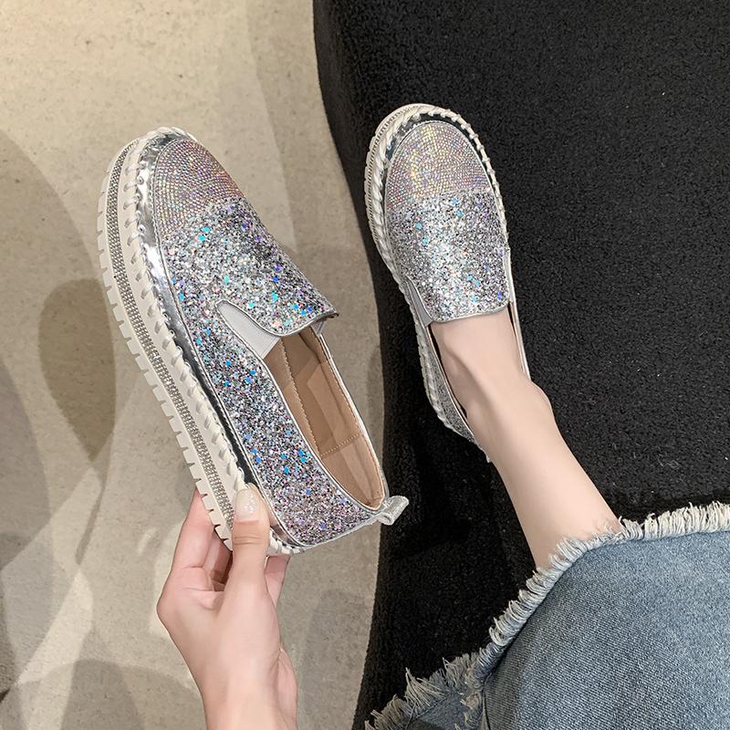 Aphixta 3cm Platform Crystals Round Toe Leather Flats Shoes Women Silver Bling Loafers Shoes Woman Flat With Students Size 43