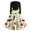 Women's Casual Halloween Print Dress Long Sleeve Round Neck Vintage Style Midi Dress with Waist Tie for Seasonal Occasion