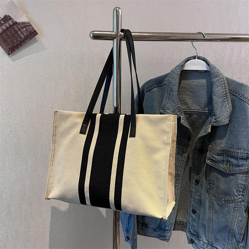 

Простые холщовые сумки в полоску с декором, женские сумки-тоут с верхней ручкой, повседневные сумки через плечо большой вместимости 35x13x26cm хаки