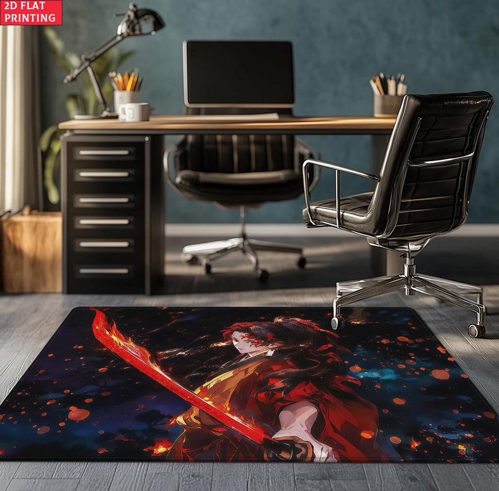 Anime Swordsman Area Rug, Blue Water Wave Theme  Floor Mat, Decorative Carpet for Gaming Room Bedroom, Washable Home Decor Gift