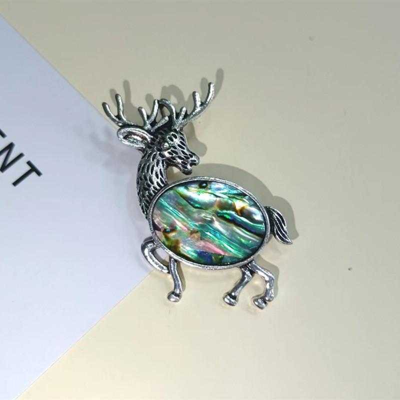 Animal Deer Embellished Metal Brooch Pin With Semi Precious Shell Inlay For Romantic Gift