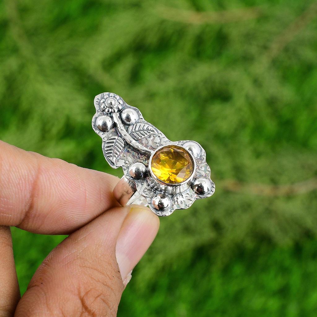 Mothers Day Deal Citrine Stone Boho Solitaire Sister Flower Ring Sterling Silver