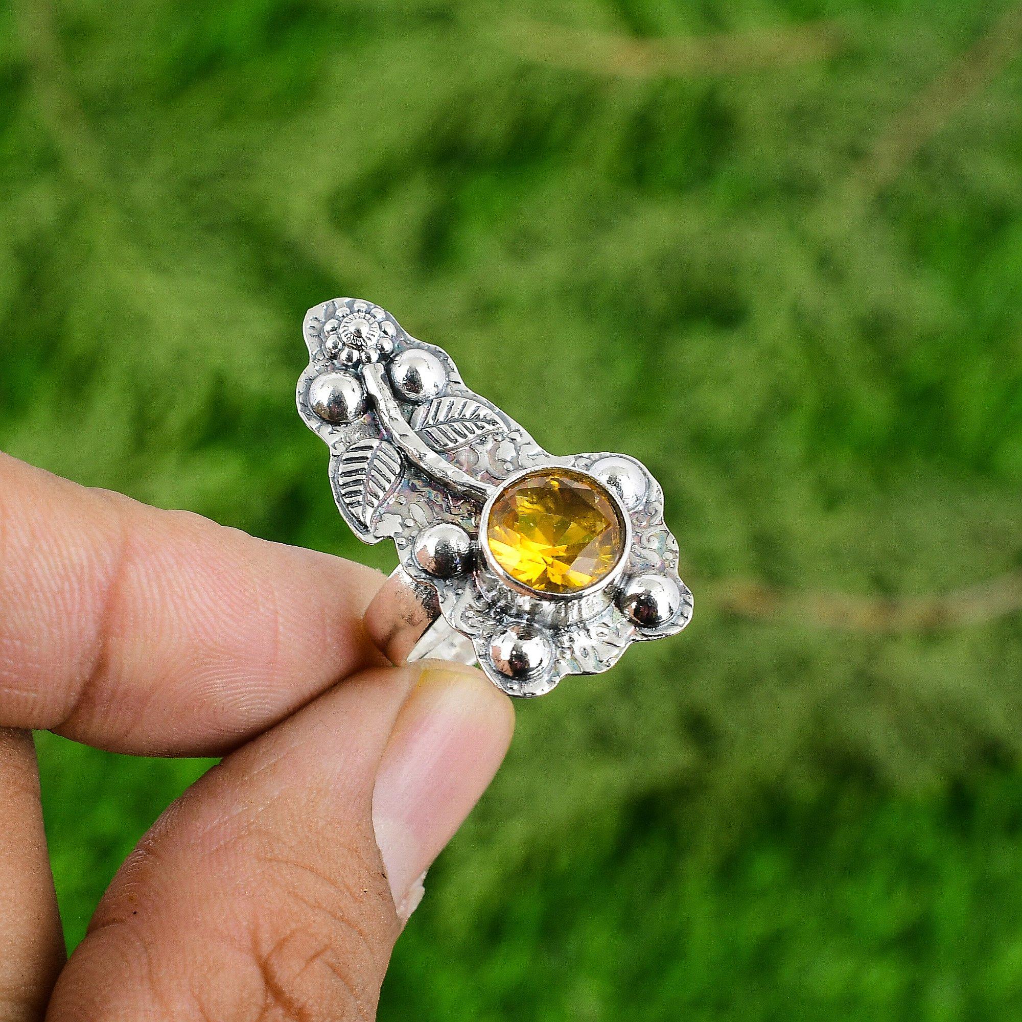 

Mothers day Deal Citrine Stone Boho Solitaire Sister Flower Ring Sterling Silver Adjustable