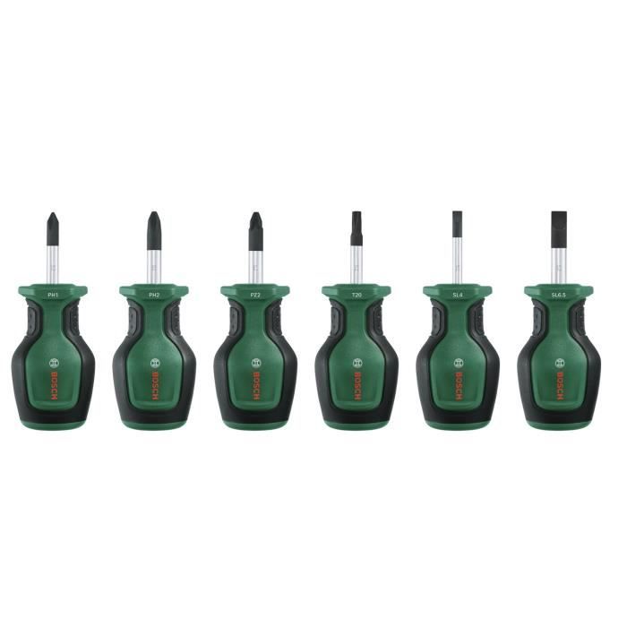 Bosch Set de 6 tournevis courts (pour endroits restreints ; PH/PZ/TX/Plat ; acier S2 ; couple élevé ; embout magnétique)