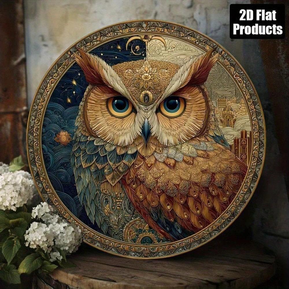 Vintage Owl Metal Wall Art 8x8 Inch, 2D Flat Aluminum Sign with Floral Celestial Design, Durable Indoor Outdoor Decor