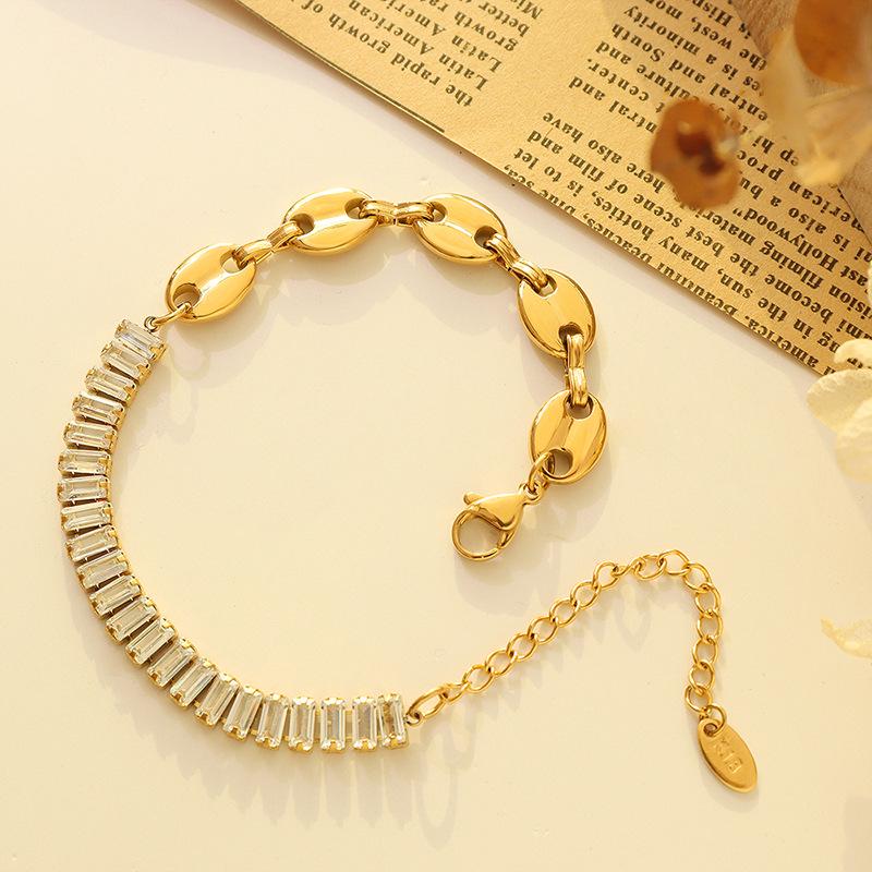 Geometric Zircon Pig Nose Spliced Bracelet & Necklace Set - European/American Nude Chain, Non-Fading P196-E009