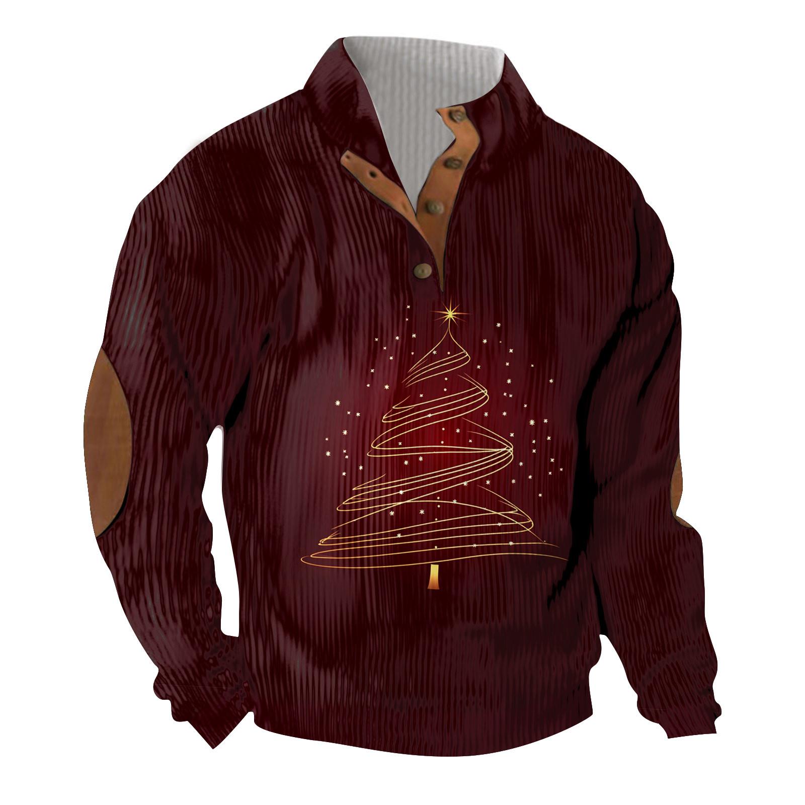 

Рождественский принт, 3 пуговицы - мужская толстовка с воротником-стойкой, повседневная толстовка с капюшоном и пряжкой XXL винный