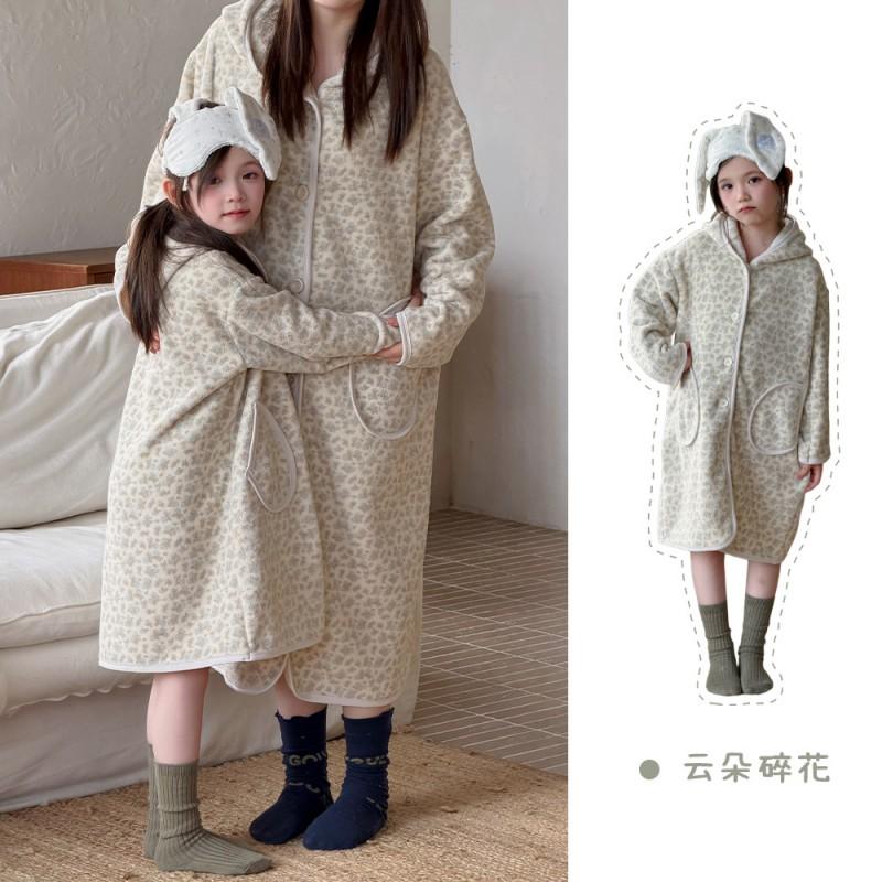 Kids Winter Warm Pajama Set Girls Boys Soft Plush Sleepwear With Hooded Robe Pants A-Class Safe Toddler Home Outfit