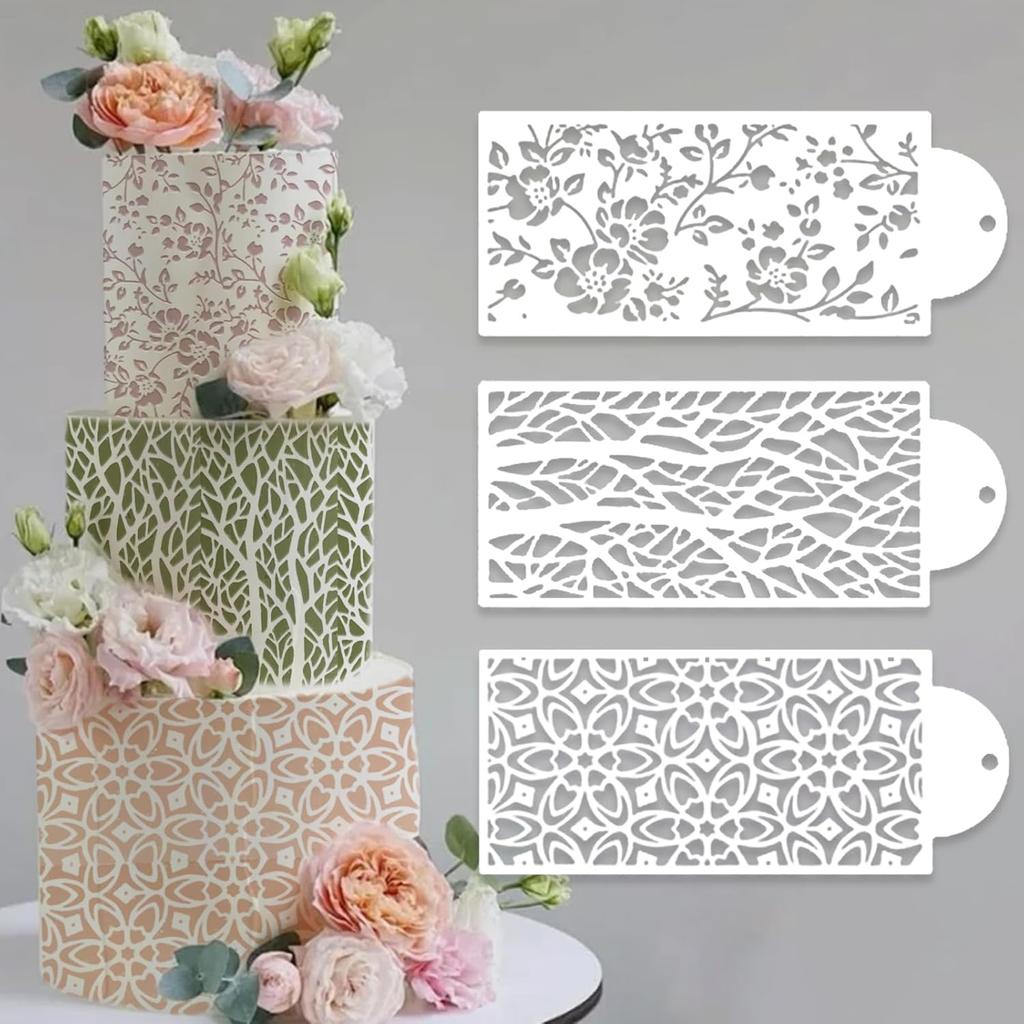 12 Pcs Cake Stencils Cake Templates Set Floral Leaf Linear Stripe Lace Irregular Geometry Wedding Icing Stencils Cake Molds Cookie Dessert