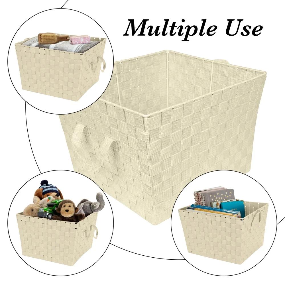 Large Woven Storage Basket Lightweight Durable Organization Tote with Handles Home Decor Rectangular Storage Bin Polypropylene