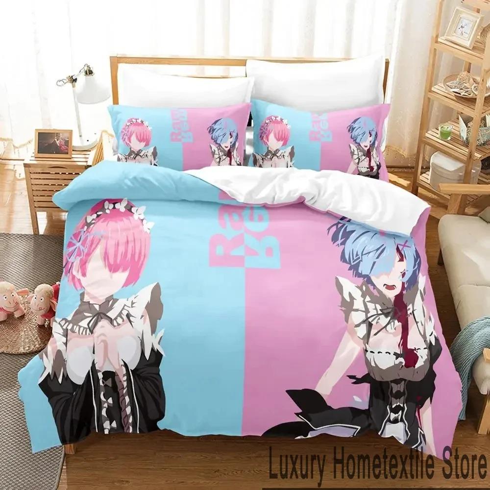 3D Anime Re Zero Rem Ram Emilia Bedding Set Duvet Cover Bed Set Quilt Cover Pillowcase Comforter King Queen Size Boys Adult