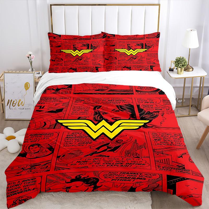 3pcs Wonder Woman Bedding Set, Soft Polyester Duvet Cover and Pillowcases Machine Washable Seasons All Suitable & Guest Room Decor250