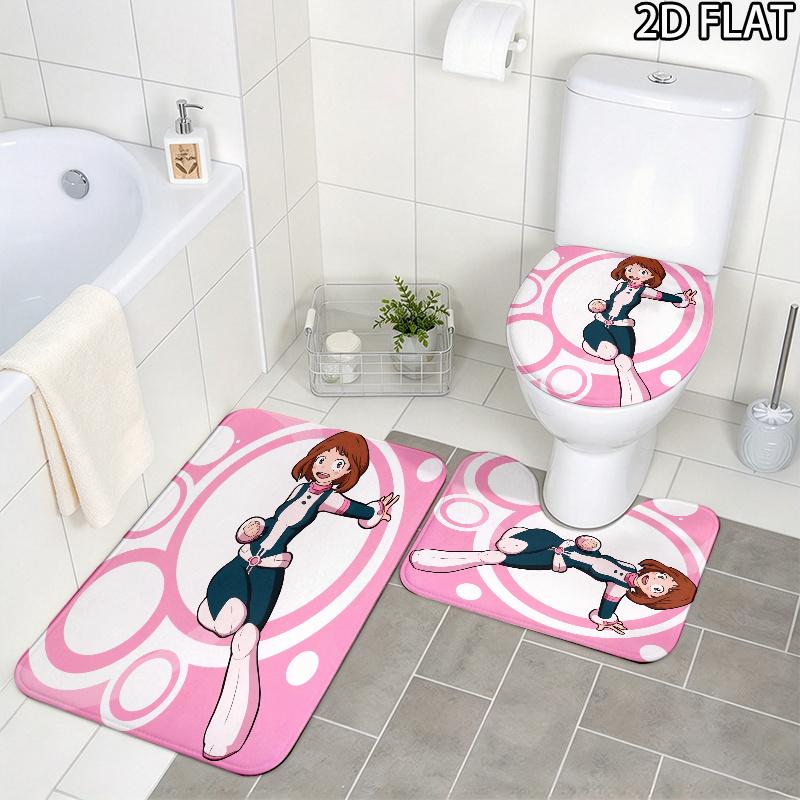 3pcs Ochaco Uraraka Pattern Flannel Nonslip Absorbent Washable Decorative Bathroom Home Toilet Seat Cover Mat