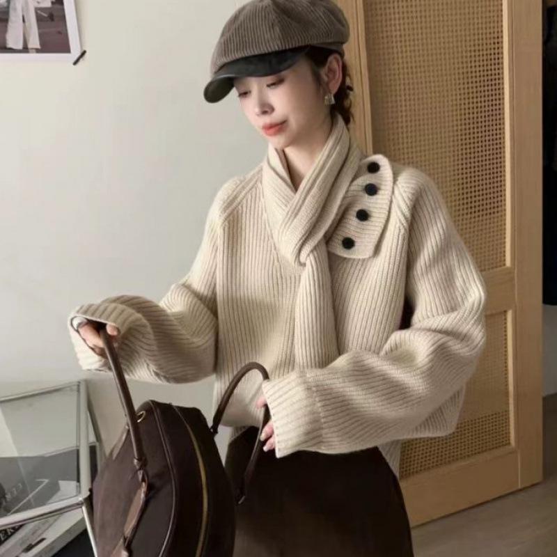 2024 Women's Korean Style Long Sleeve Scarf Collar Knit Sweater