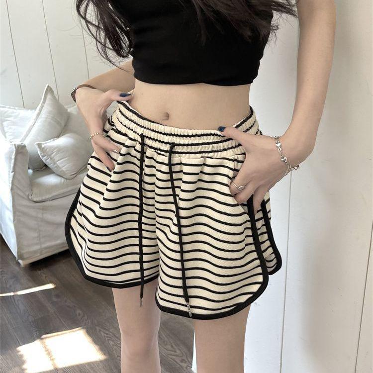 

Women s High Waist Black & White Striped Summer Sports Shorts - Slimming A-Line Wide Leg Design S Up to 90 lbs