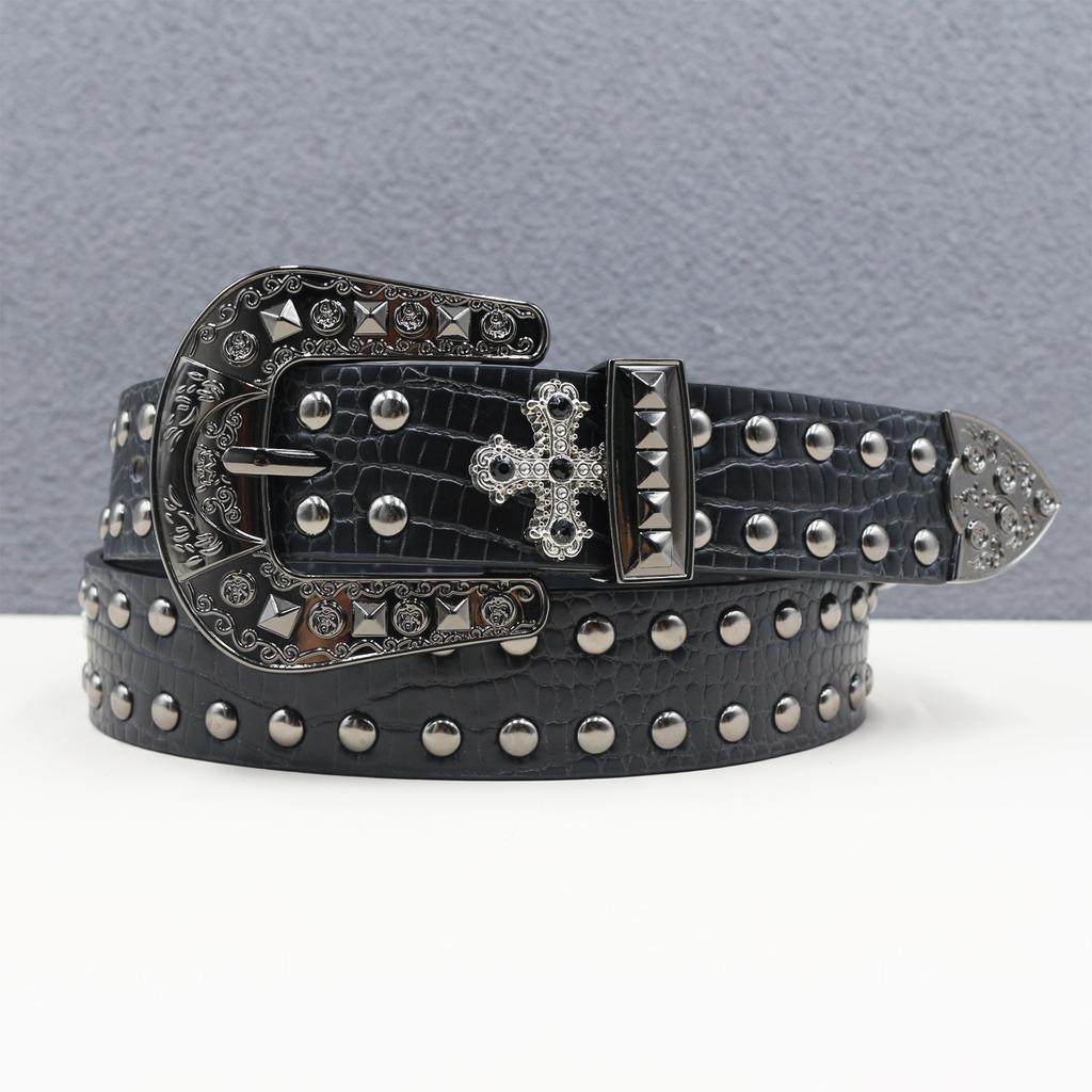 Rivet Belt Decorative Cross Niche Retro Versatile Wide Belt Punk Hot Girl Pin Buckle Western Denim