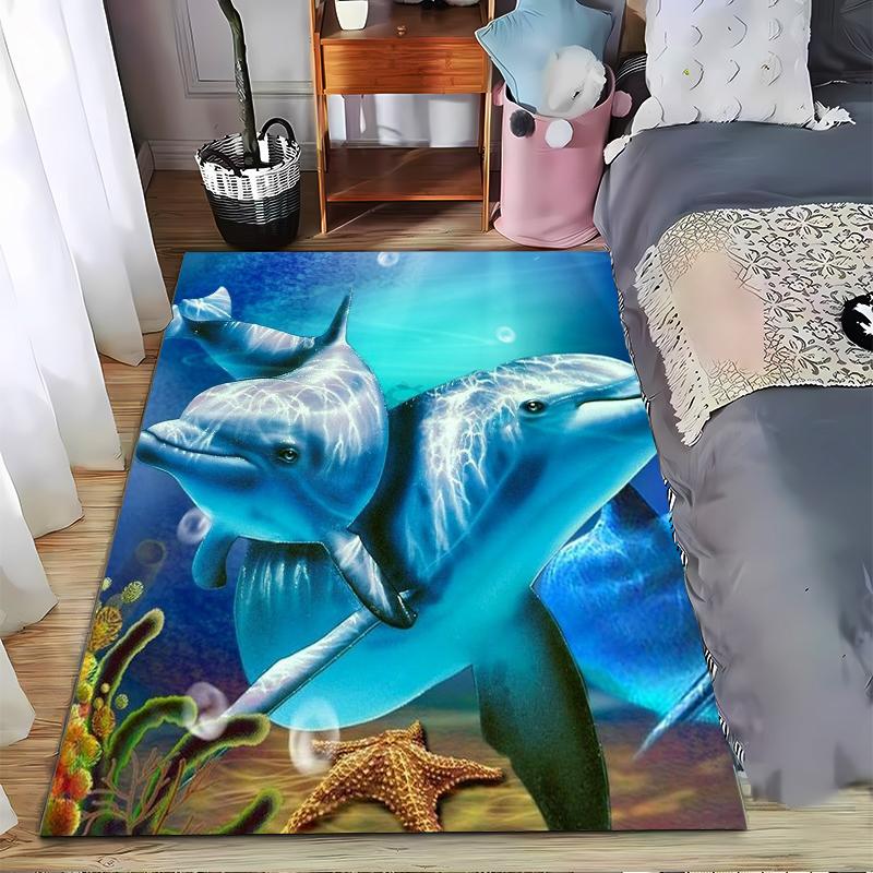 "Blue Ocean Theme Carpet with Dolphins, Starfish, and Coral Design" Suitable for use as an anti-slip for living room bedroom sofas