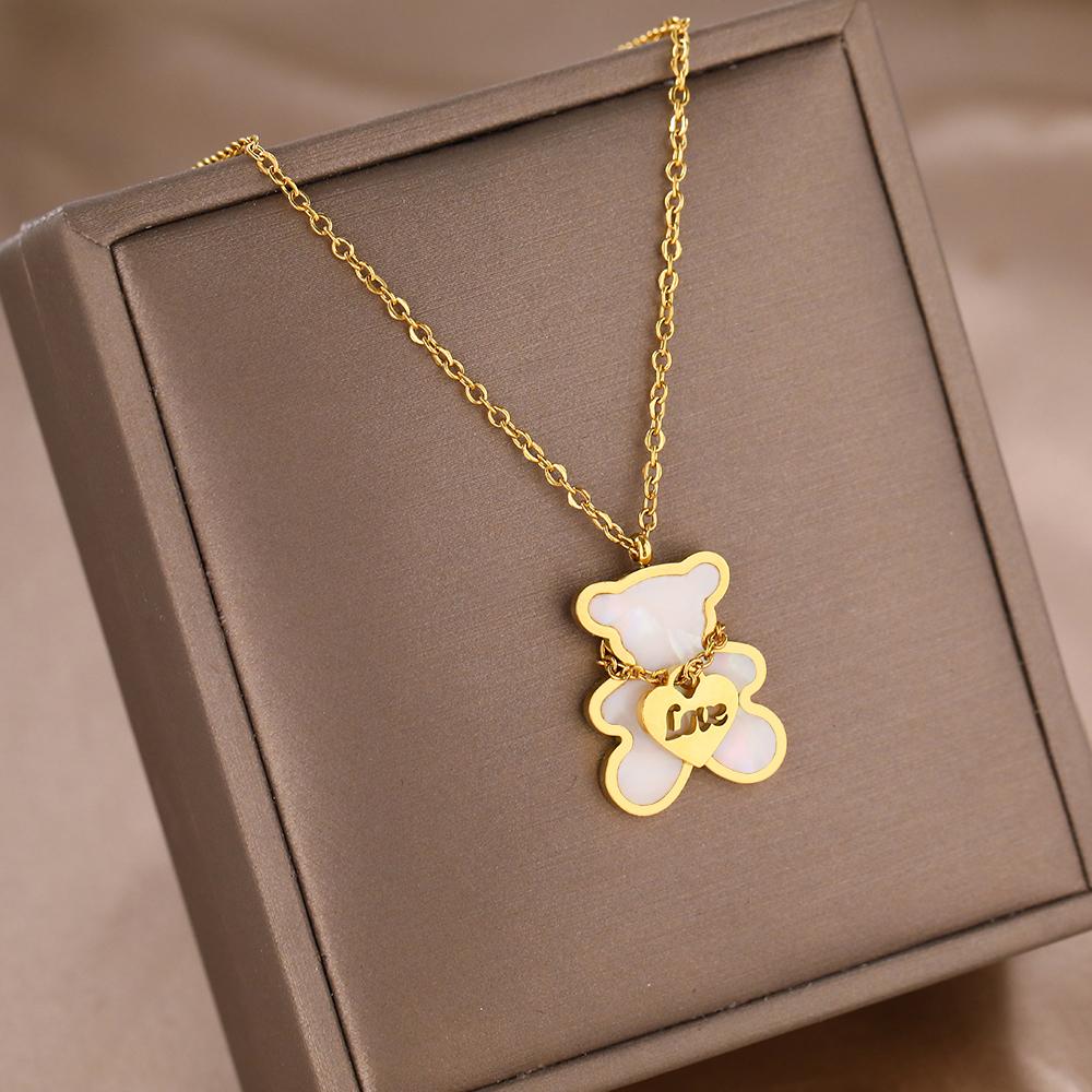 Stainless Steel Necklaces Lovely Cute Bear Shell Pendants Korean Fashion Choker Female Chain Necklace For Women Zircon Girls