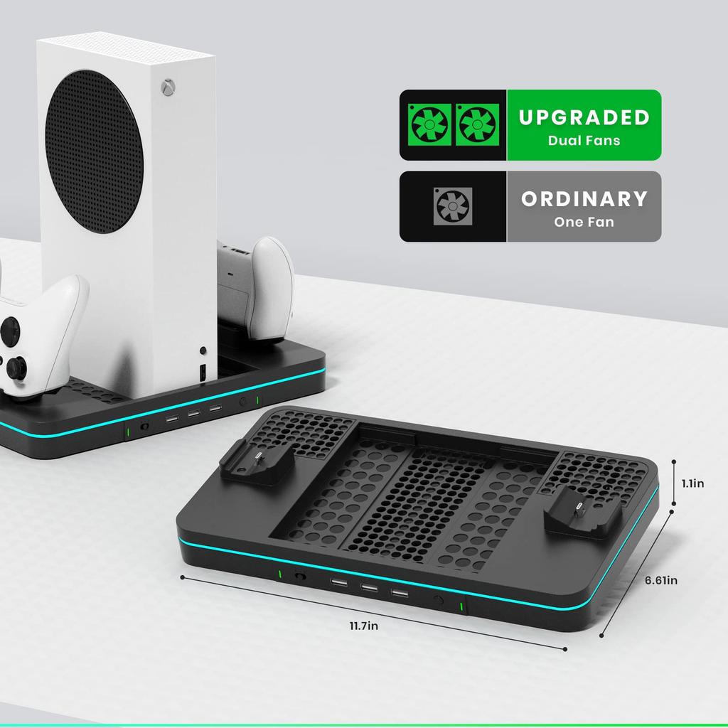 CODOGOY Vertical Charging Stand with Cooling Fan for Xbox Series Console and Dual Controller Charging Station Dock Accessory with 3 USB Ports X/S