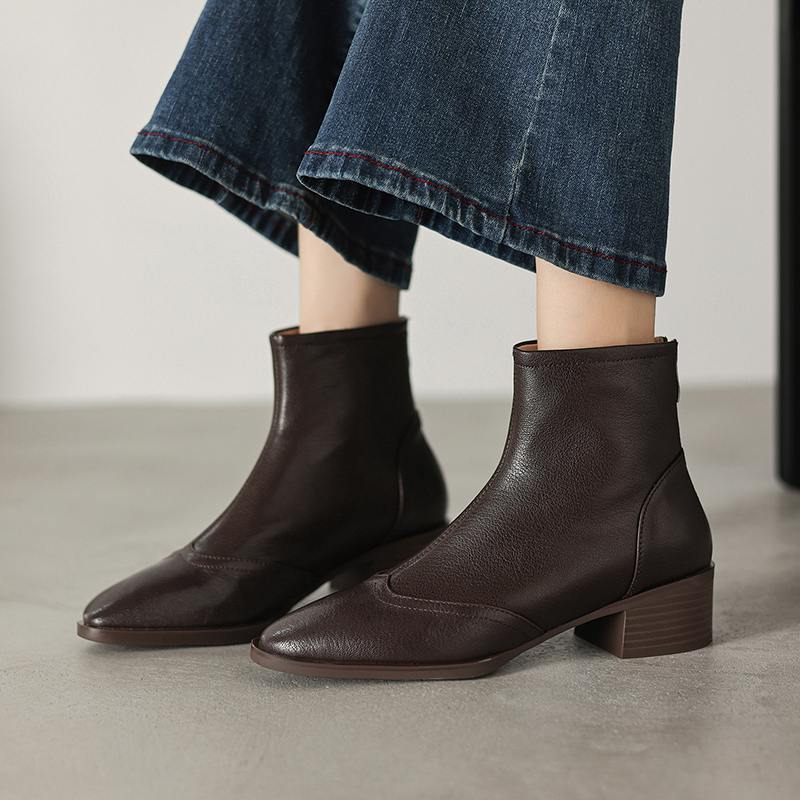 Krazing Pot Sheepskin Winter Round Toe Chelsea Boots Med Heels Zipper Carving Decoration Women Ankle Boots