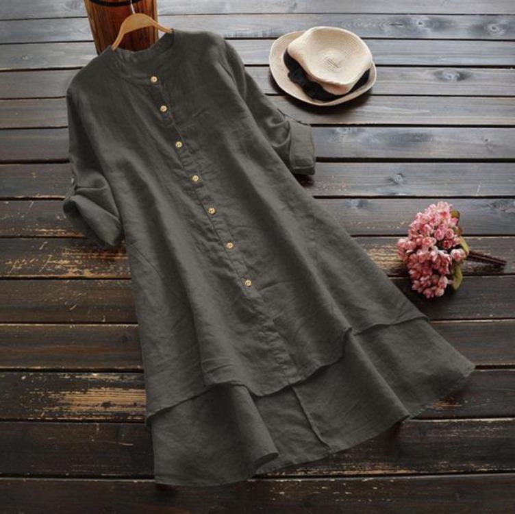 2025 Spring Summer Women’s Long Shirt Cotton Linen Solid Color Buttoned