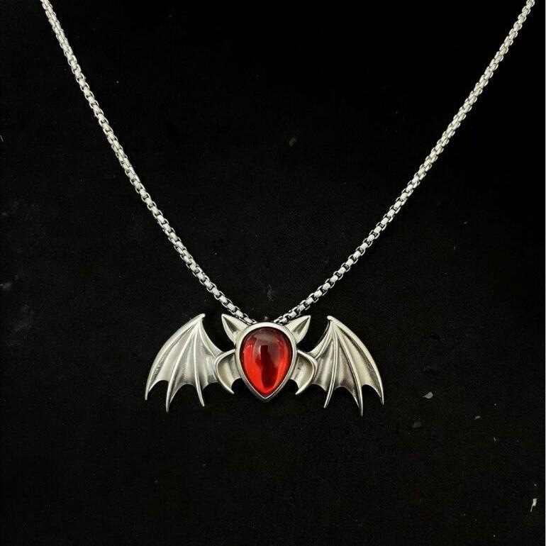 Gothic Vampire Bat Pendant Necklace with Red Accents