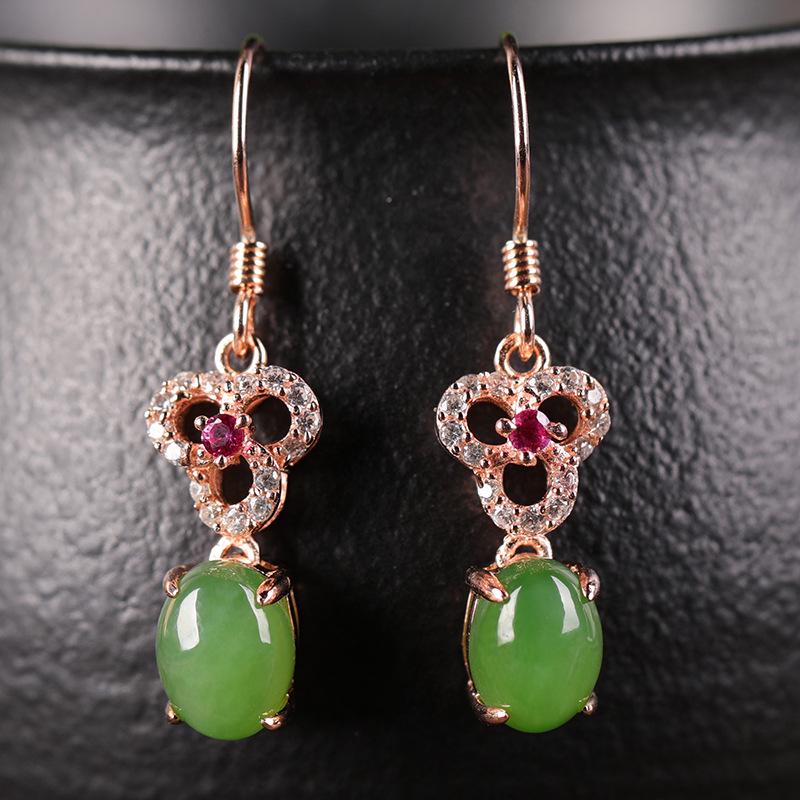 

Elegant Silver-Plated Rose Gold Jade Earrings for Women with Sterling Silver Hetian Jade Inlay and Certification 925 Silver