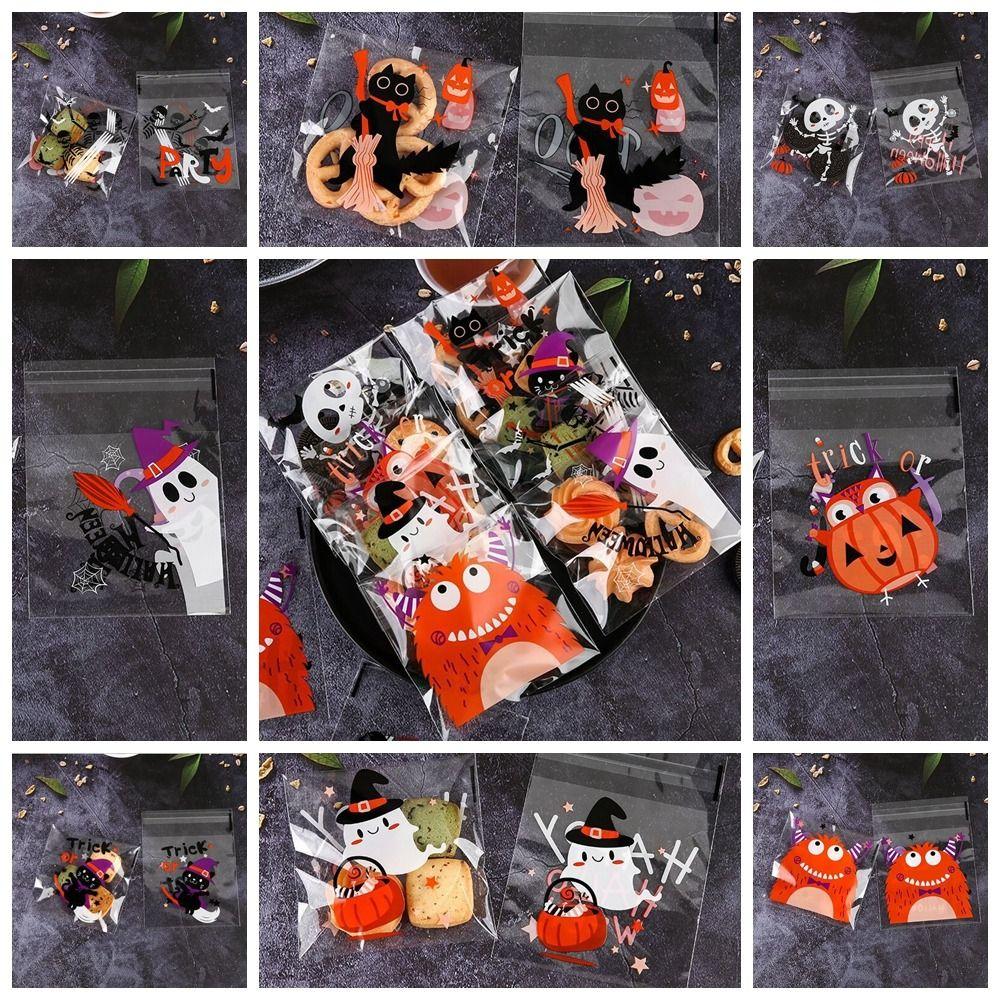 100PCS Self-adhesive Halloween Plastic Candy Pouch Pumpkin Halloween Biscuit Gift Bag   Party