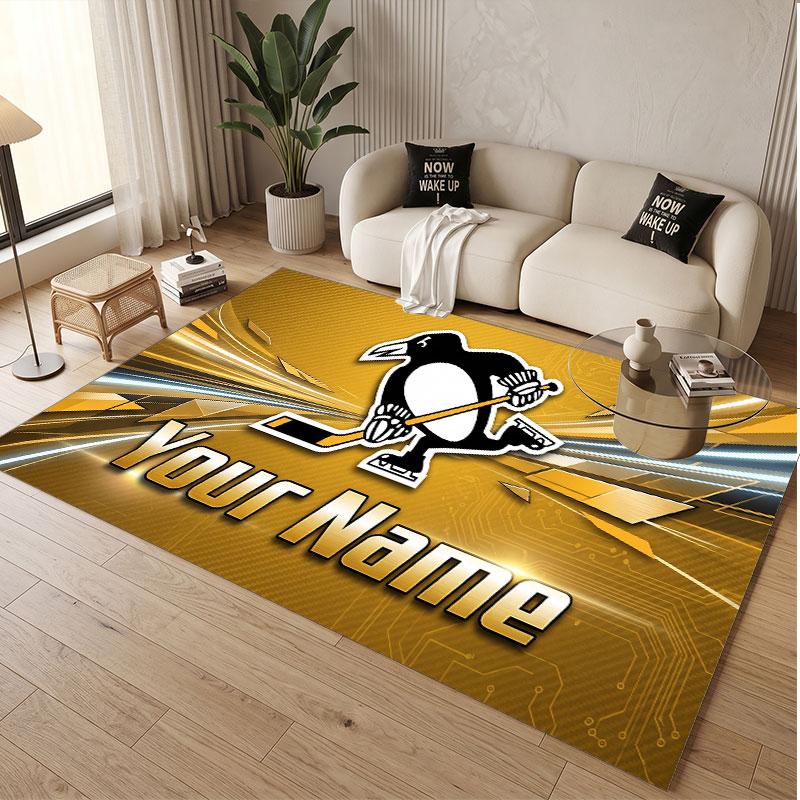 Custom Rug Pittsburgh Penguins Pattern Print Name Text Soft Non‑Slip Floor Carpet for Home Indoor Decoration