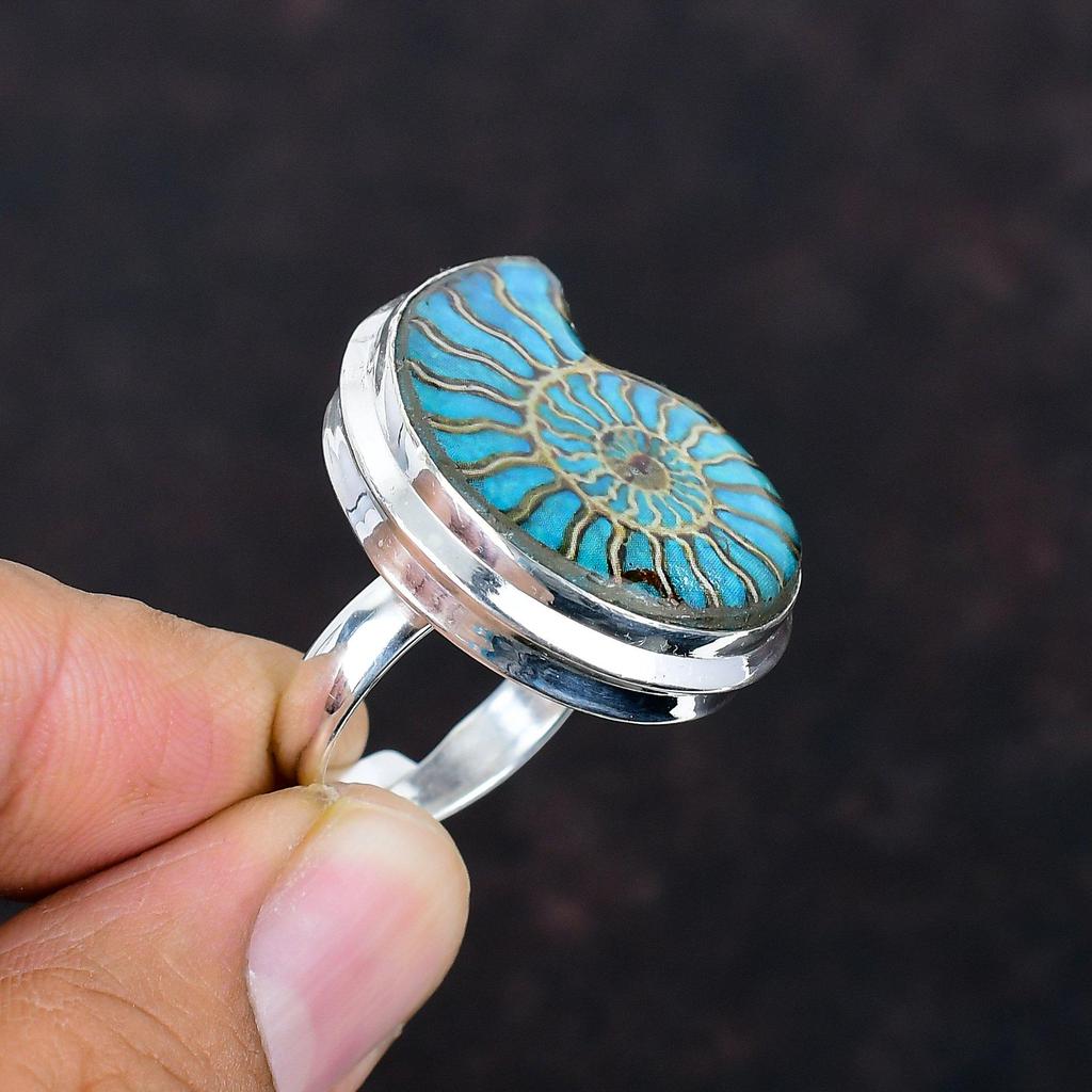 Blue Turquoise In Ammonite Fossil Ring 925 Sterling Silver Ring Adjustable Ring Silver Jewelry Handmade Real Gemstone Ring Engagement Gifts