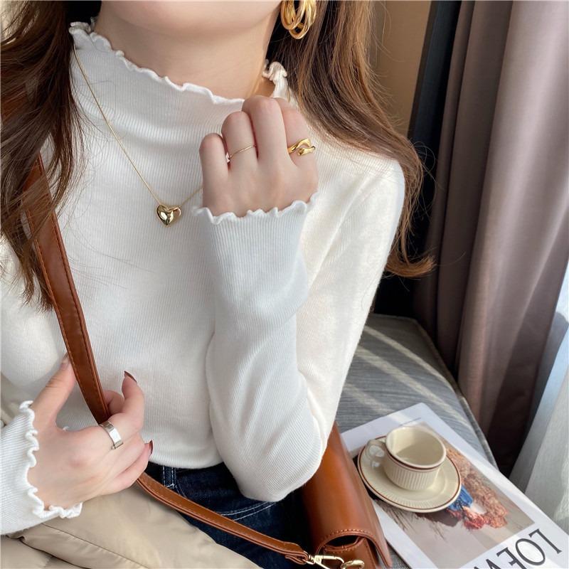 Spring and Autumn New Wooden Ear Edge Semi-turtleneck Sweater Knitted Sweater Top Women's Outer Wear Inner Bottoming Shirt