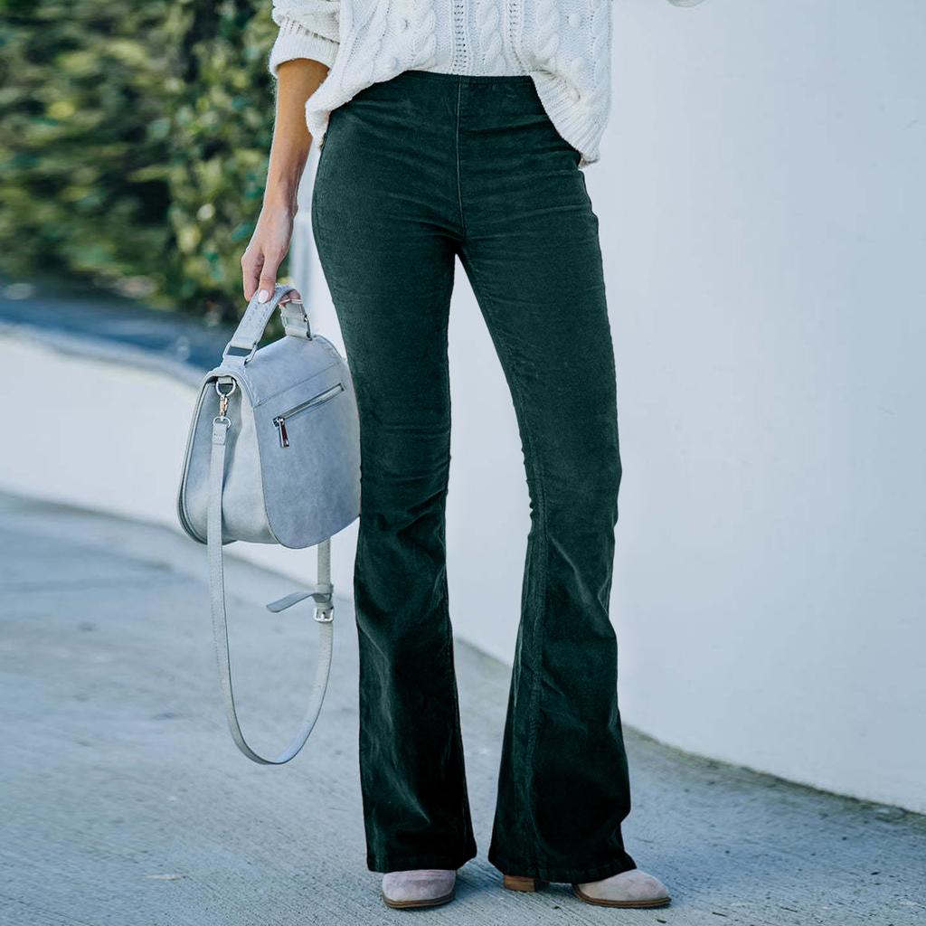 Women's  Color High Waisted Slim Fit Micro Flared Pants With Corduroy Elastic Waist Casual Pants
