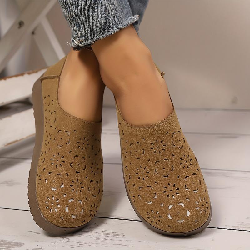 Women's Breathable Mesh Slip-On Loafers - Lightweight Casual Shoes with Soft Sole, Perforated Design for All-Day Comfort, Beige PU Cover Upper