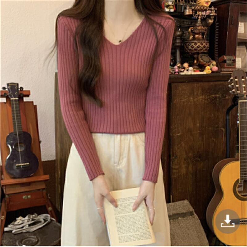 

Новый повседневный пуловер с V-образным вырезом, базовый женский свитер, внутренний, осень-зима 2025, новый облегающий офисный тонкий топ с длинным рукавом One size кирпич красный
