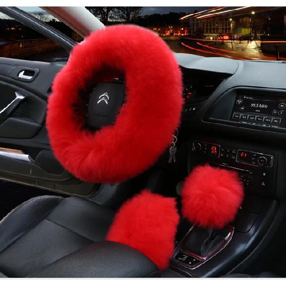 3pcs/set Winter Wool Car Steering Wheel Cover Long Australian Wool Heated Fur Steering Wheel Cover Handbrake Gear Shifter Cover