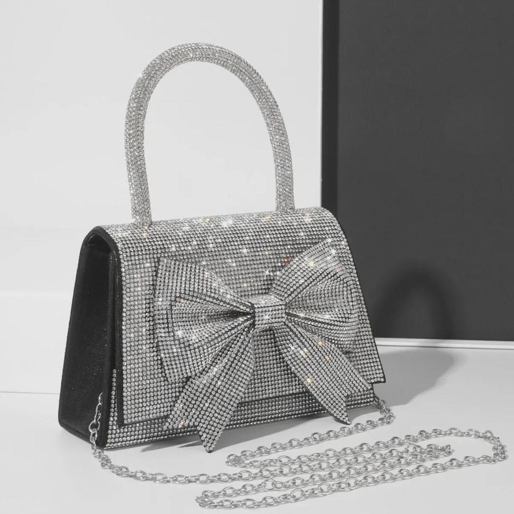 2024 Luxurious Rhinestone Bow Evening Bag - European & American Bridal Clutch