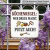 2D Flat, 1pc German Kitchen Rules Metal Sign - Vintage German Text & English Translation Wall Plaque with Utensil Icons, Chef Gift for Home