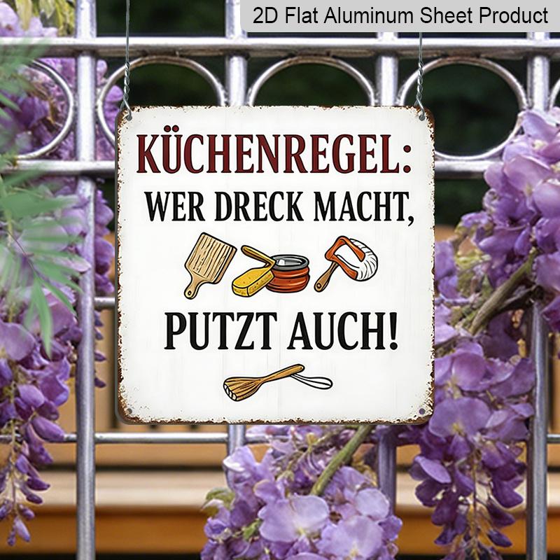 2D Flat, 1pc German Kitchen Rules Metal Sign - Vintage German Text & English Translation Wall Plaque with Utensil Icons, Chef Gift for Home