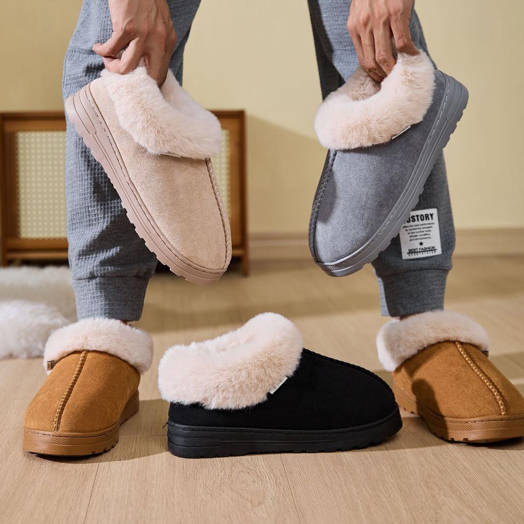 Fashion Litfun Winter Fluffy Men Slippers Warm Fur Plush Indoor Home Flat Slides Outdoor Antiskid Faux Fur Collar Fuzzy Men Cotton Shoes