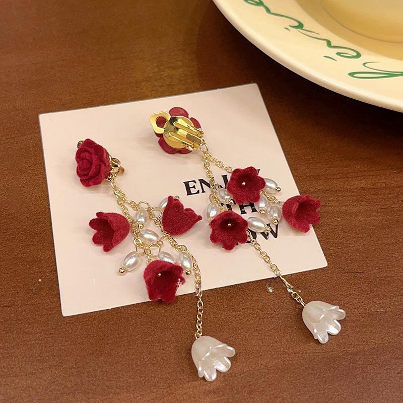 2025 New Year Red Velvet Pearl Earrings: Retro Hong Kong Style Whitening Studs for Women