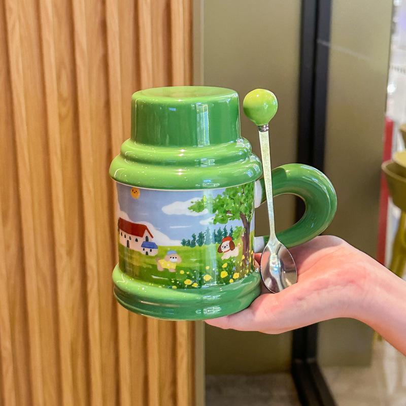 Cute Fairy Tale Puppy Water Cup Couple High Value Ceramic Mug with Lid Spoon Birthday Graduation Gift for Boys and Girls