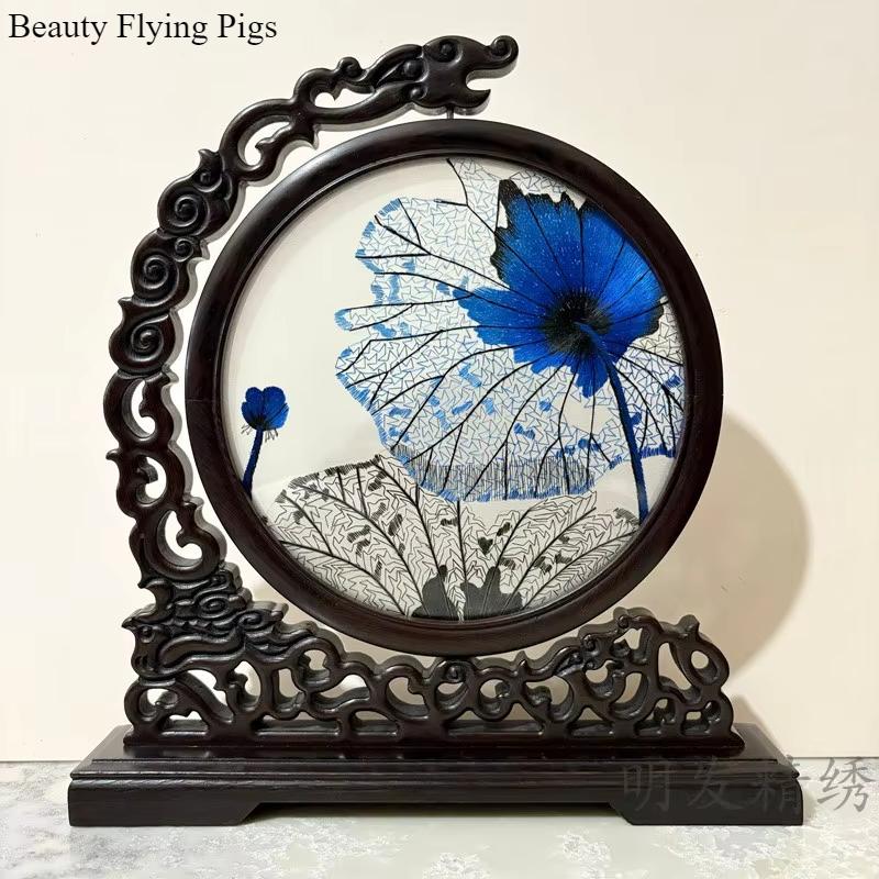 1pc, Su Embroidery Ornaments, Chinese Embroidery Crafts, Double Sided Embroidered Ornament, Solid Wood Desktop Decoration