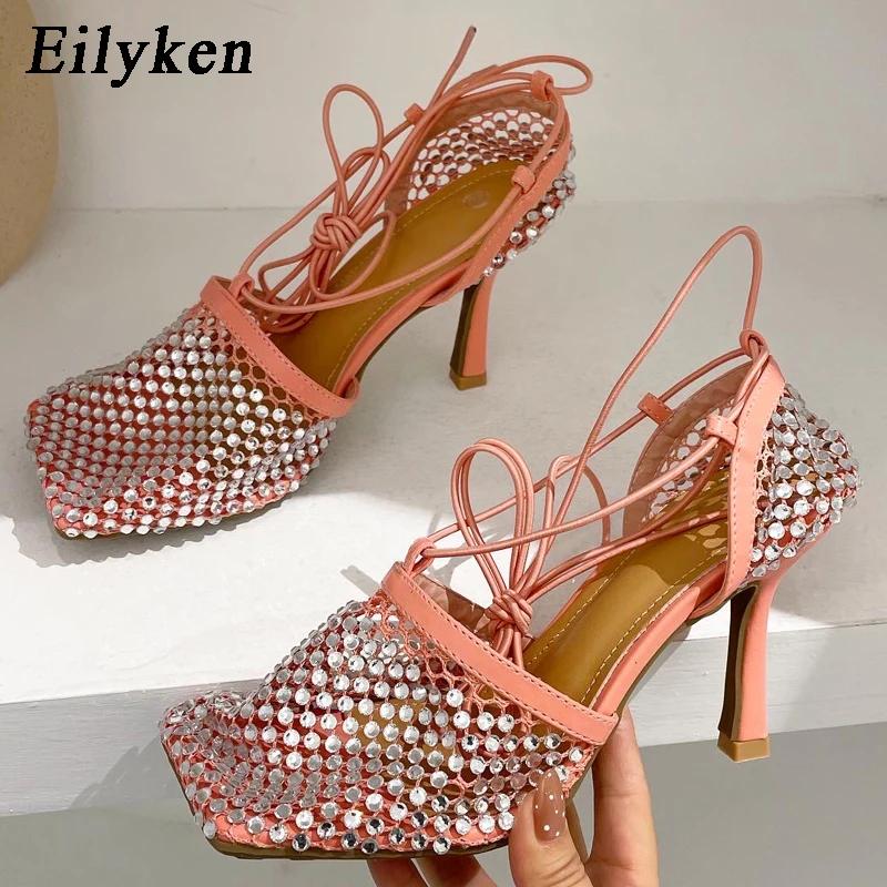 

Fashion Eilyken Yellow Green Fashion Women High Heel Crystal Fishnet Pumps Square Toe Ankle Cross Tied Rhinestone Sandals Shoes 36 розовый